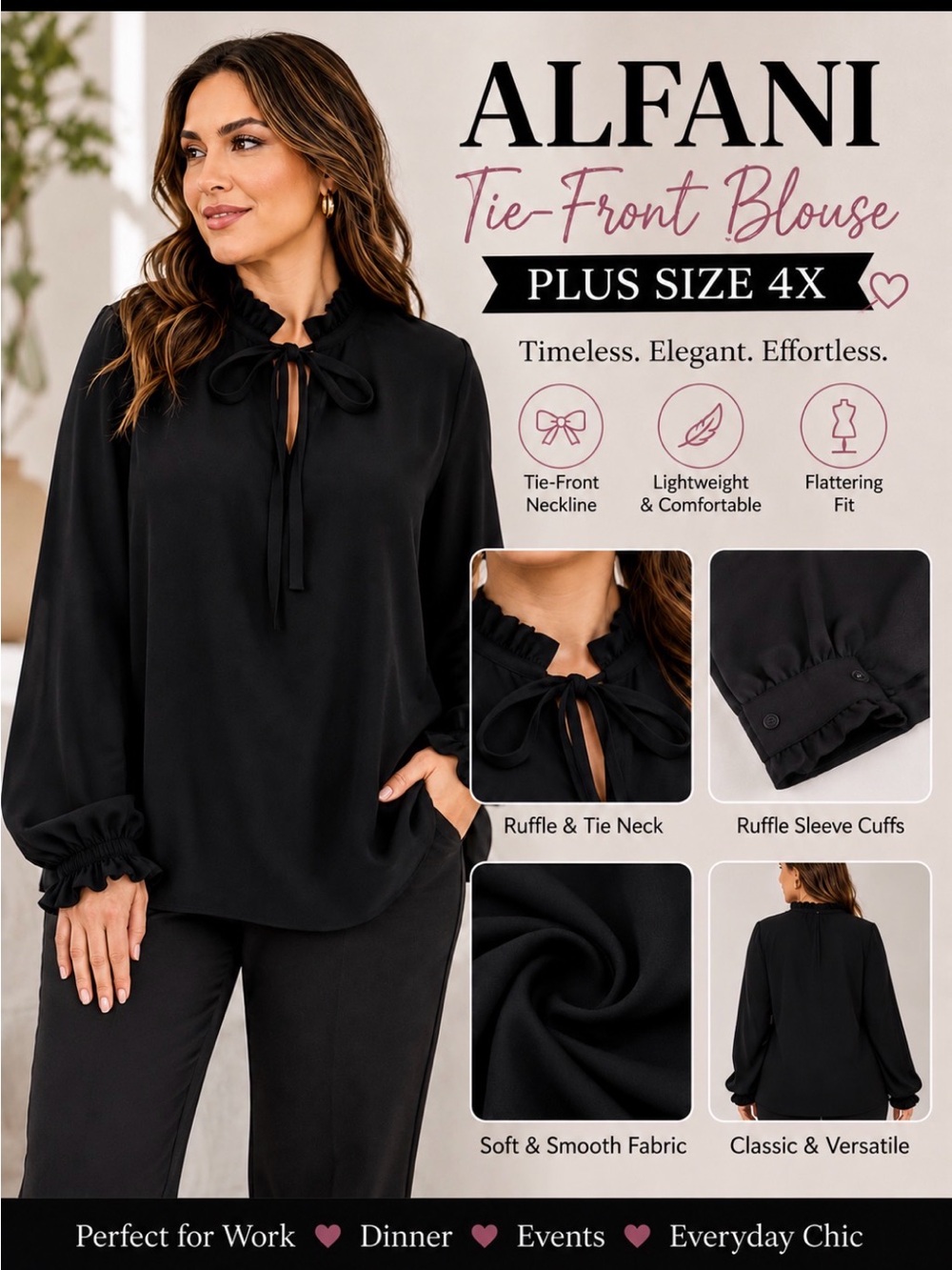 Alfani Plus Size 4X Black Ruffle Tie Neck Long Sleeve Blouse